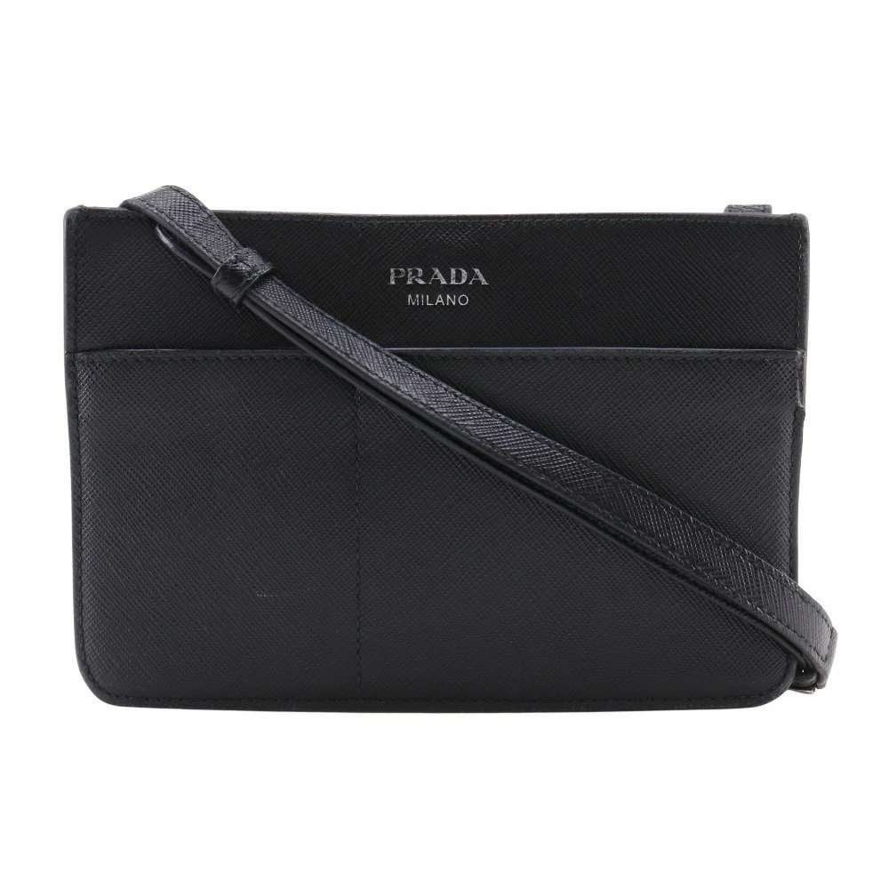 Prada Shoulder Bag Saffiano Leather Black Crossbody Snap Button